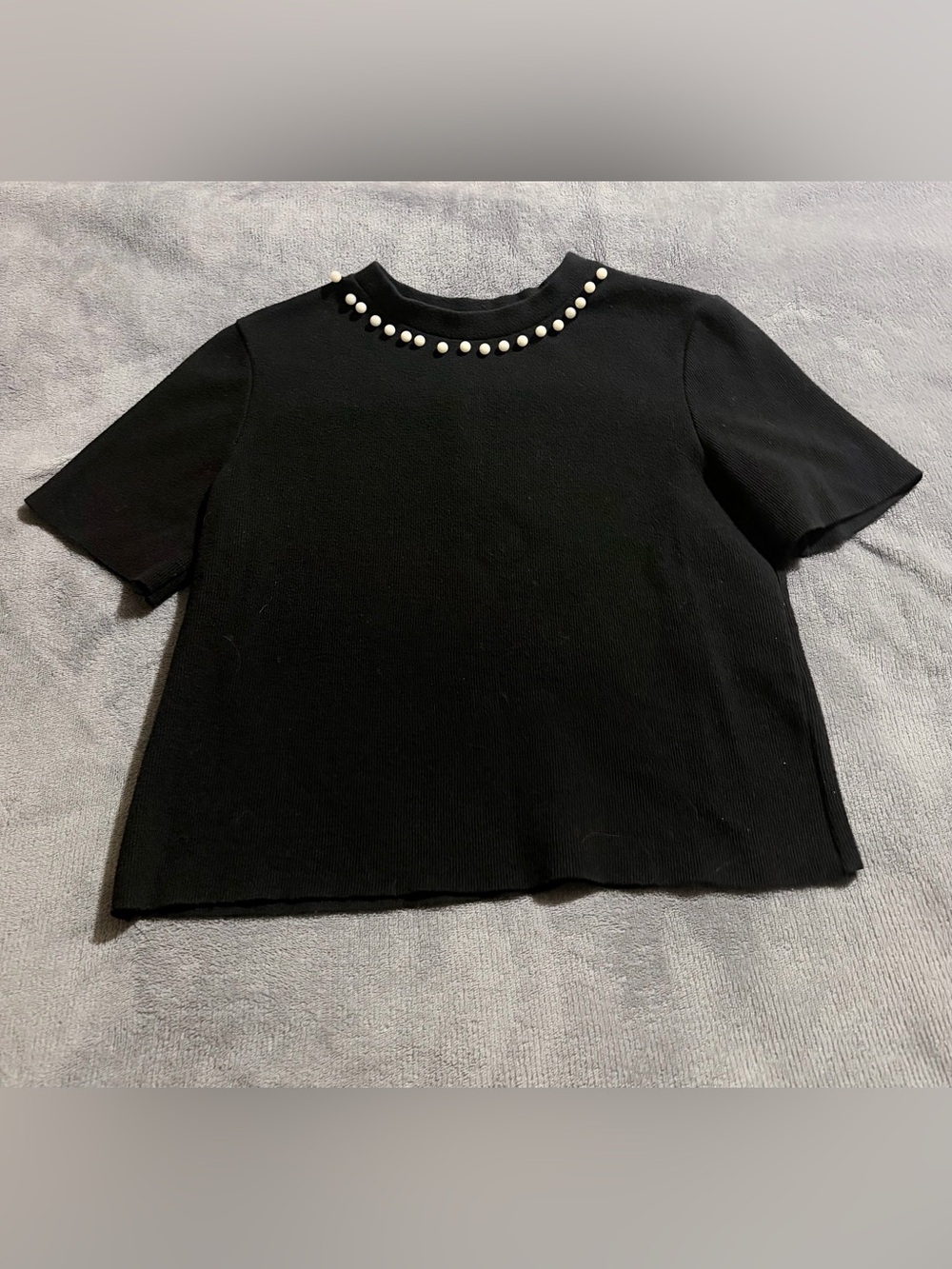 Zara Black Short Sleeve Top with Pearl Neckline